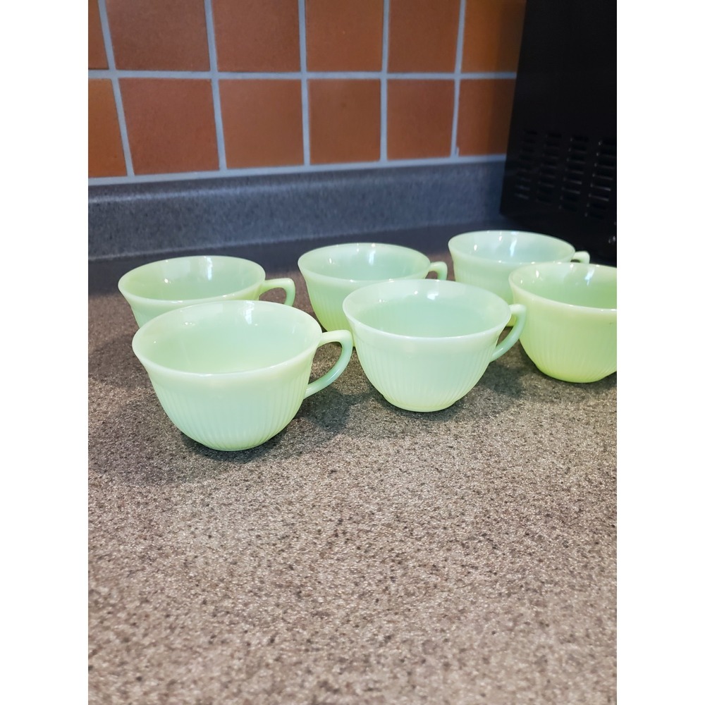 Vintage Anchor Hocking Fire King Ribbed Jane Ray Jadeite Tea Cup Set Of 6